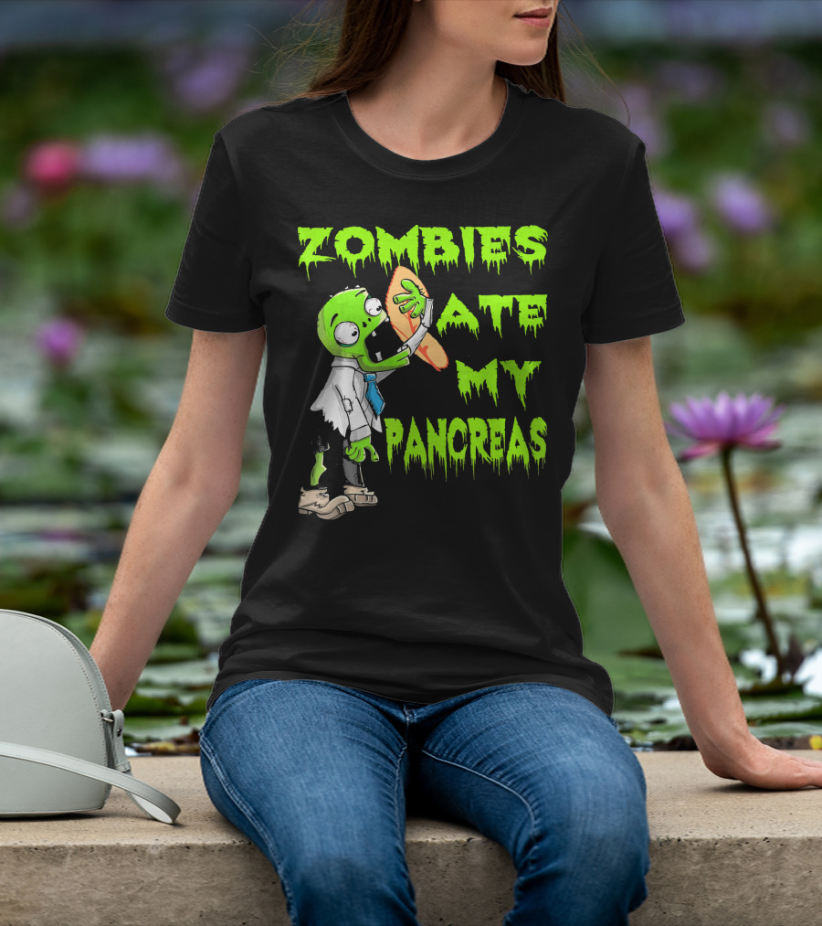 Zombies Ate My Pancreas Diabetes Awareness Cartoon Zombie Holding Organ T-Shirt