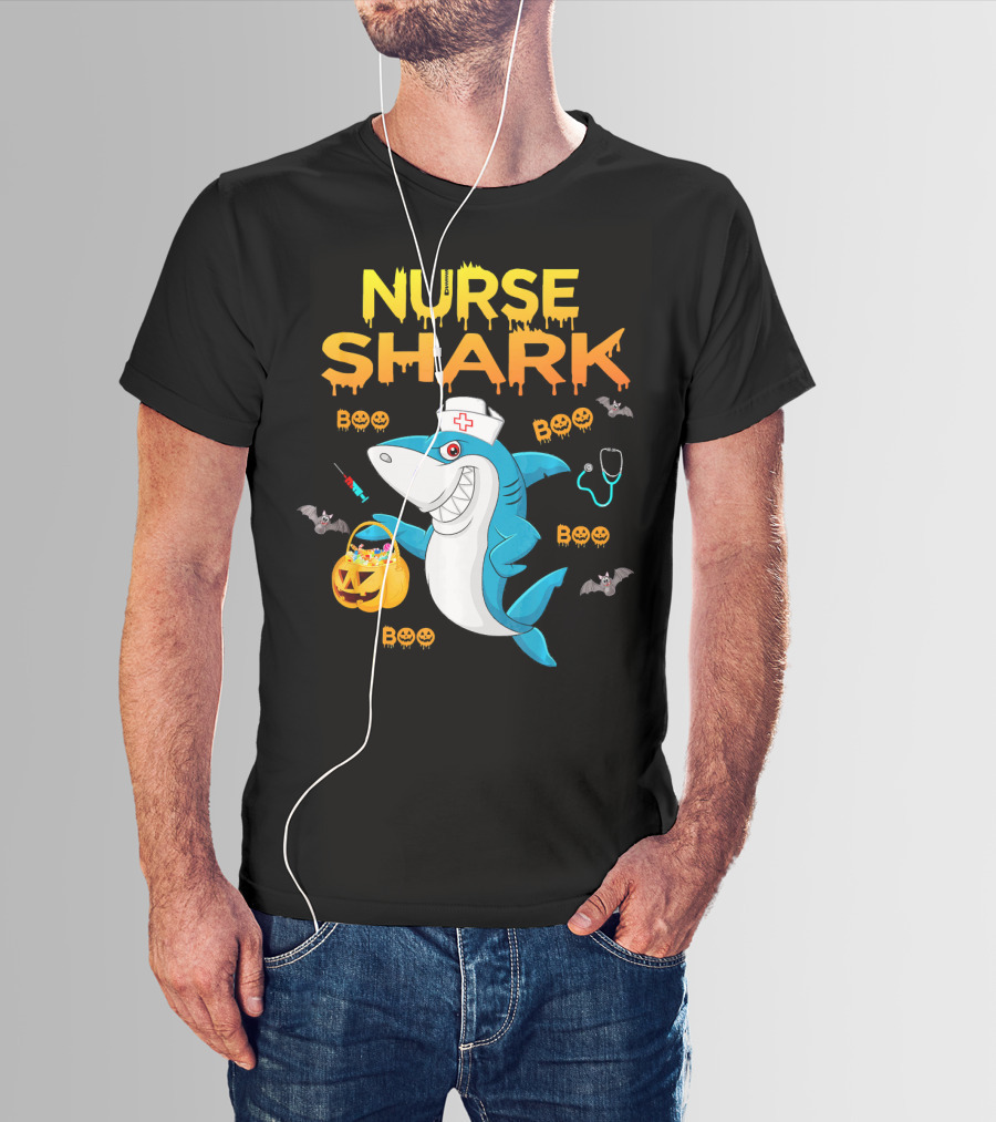 Nurse Shark Halloween Boo Pumpkin Bats Stethoscope T-Shirt