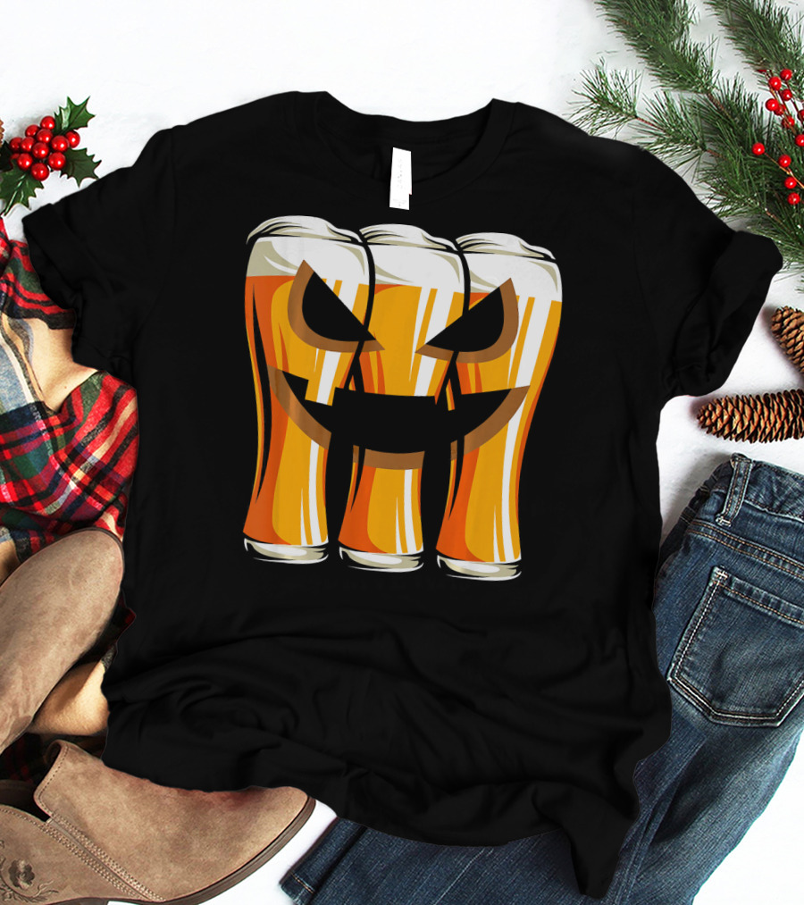Halloween Pumpkin Beer Glasses Funny Drinking Scary T-Shirt