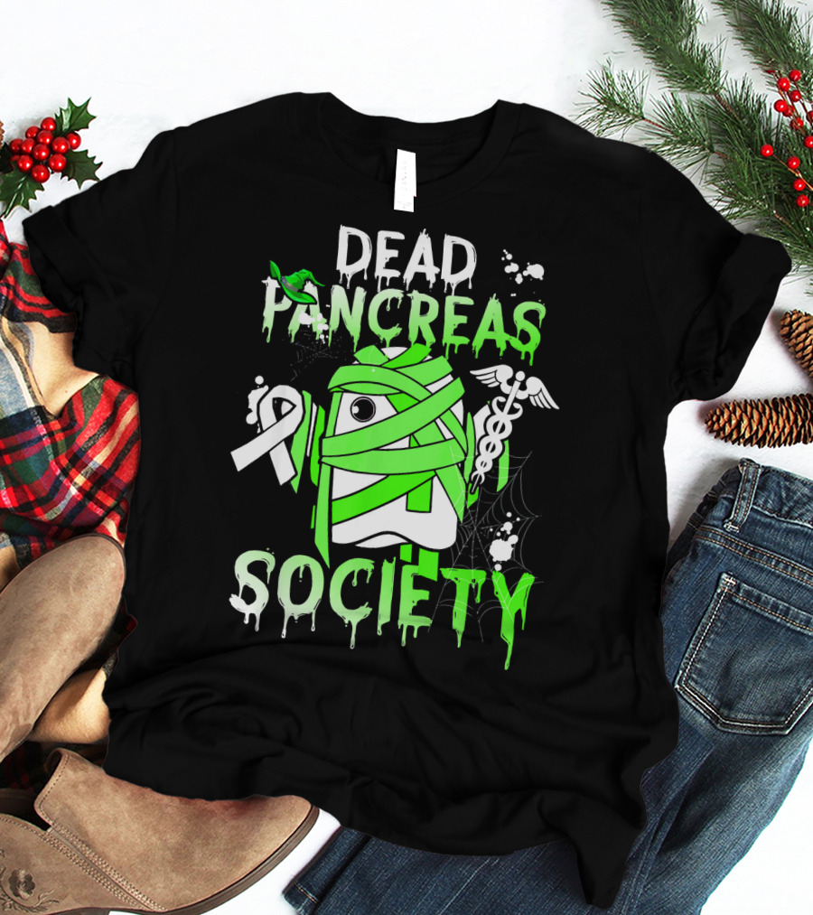 Dead Pancreas Society Halloween Ghost Design With Green Mummy And Medical Symbols T-Shirt