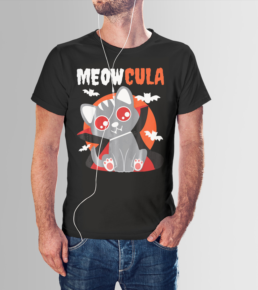 MEOWCULA Vampire Cat Halloween Dracula Bats T-Shirt