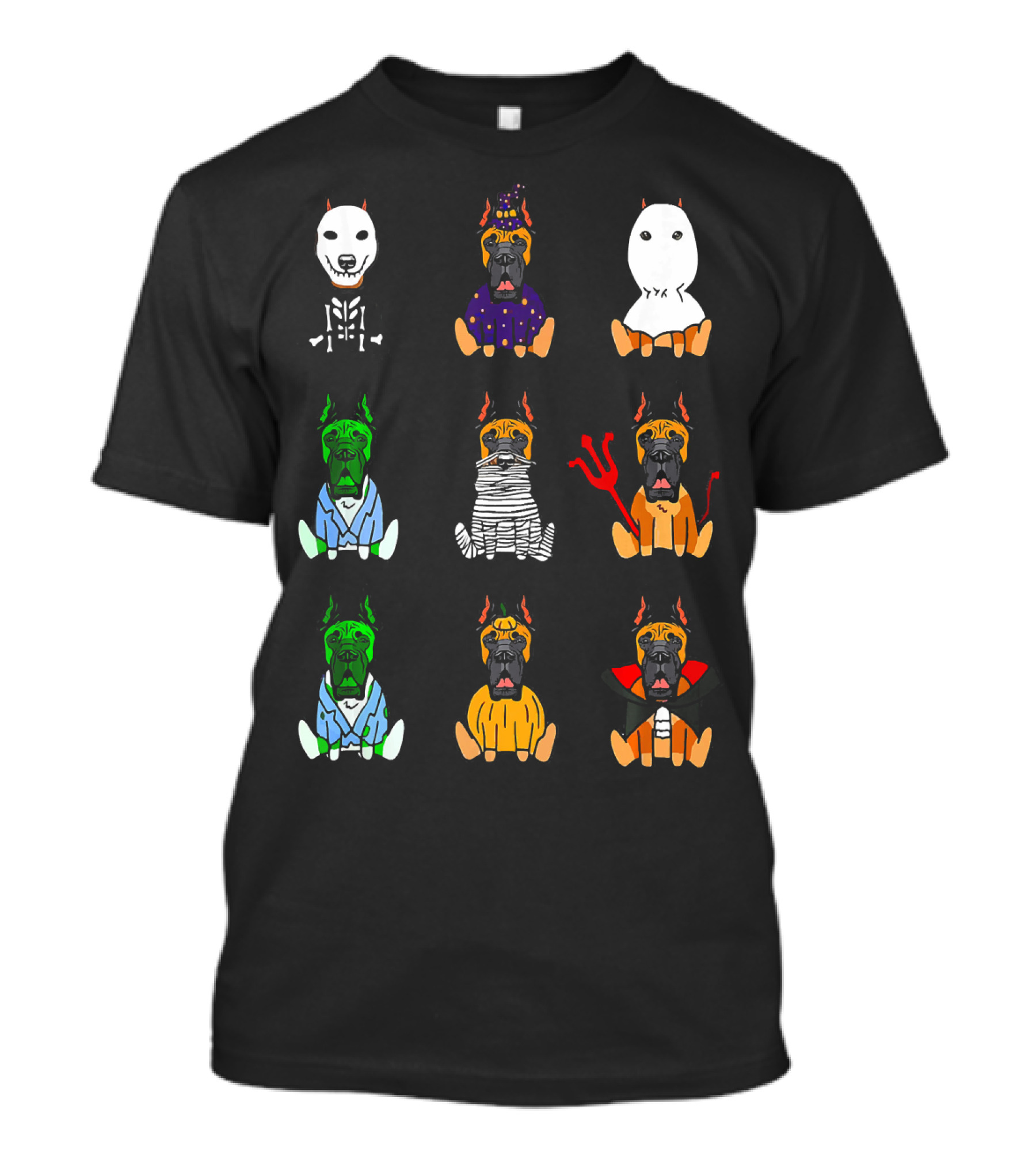 Great Dane Dog Lover Halloween Costume Grid Featuring Skeleton, Witch, Ghost, Frankenstein, Mummy, Devil, Dracula, And More T-Shirt