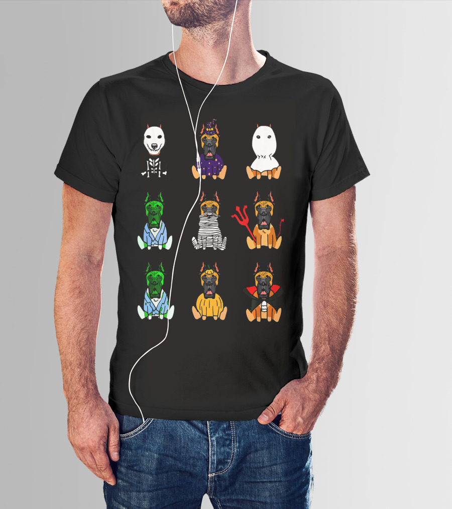 Great Dane Dog Lover Halloween Costume Grid Featuring Skeleton, Witch, Ghost, Frankenstein, Mummy, Devil, Dracula, And More T-Shirt