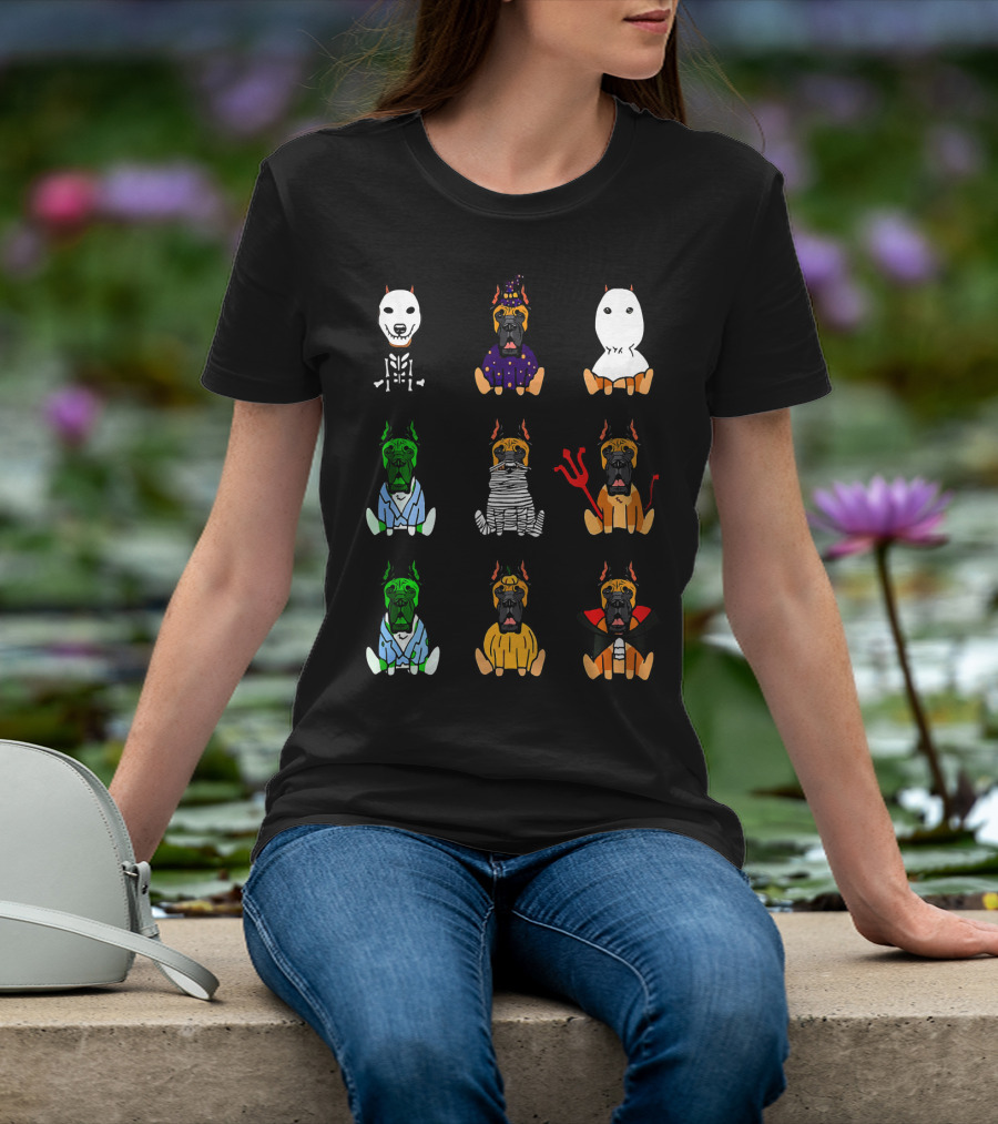 Great Dane Dog Lover Halloween Costume Grid Featuring Skeleton, Witch, Ghost, Frankenstein, Mummy, Devil, Dracula, And More T-Shirt