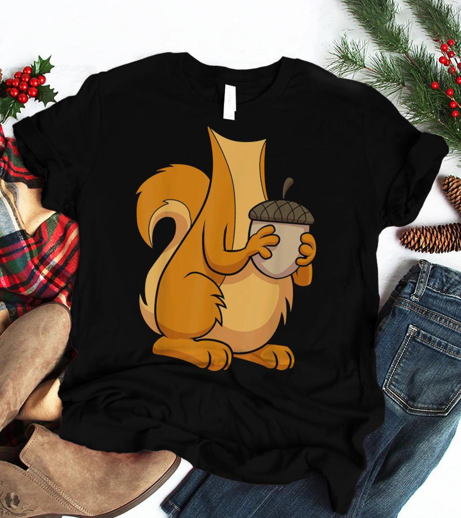 Squirrel Holding Acorn Cartoon T-Shirt