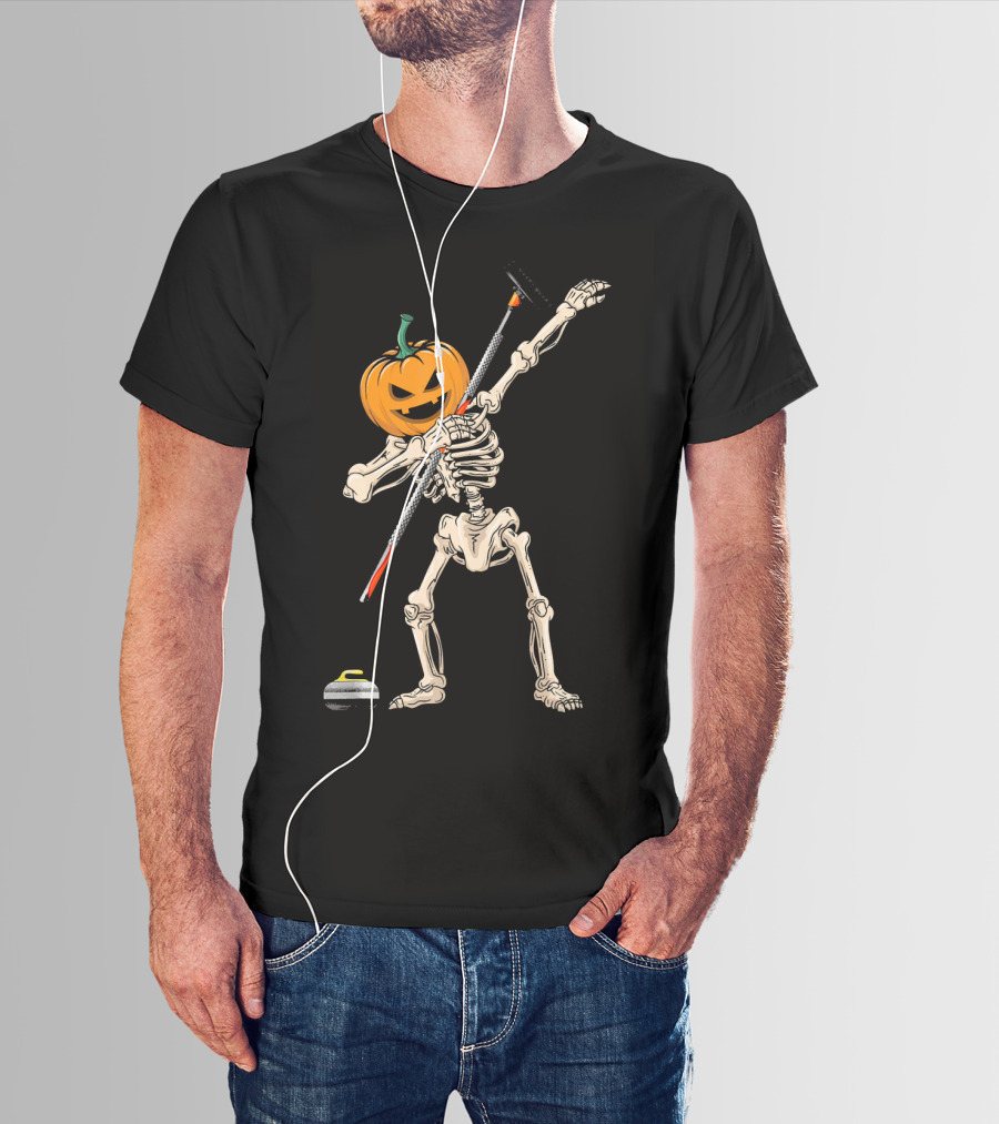 Pumpkin Skeleton Dabbing Curling Halloween T-Shirt