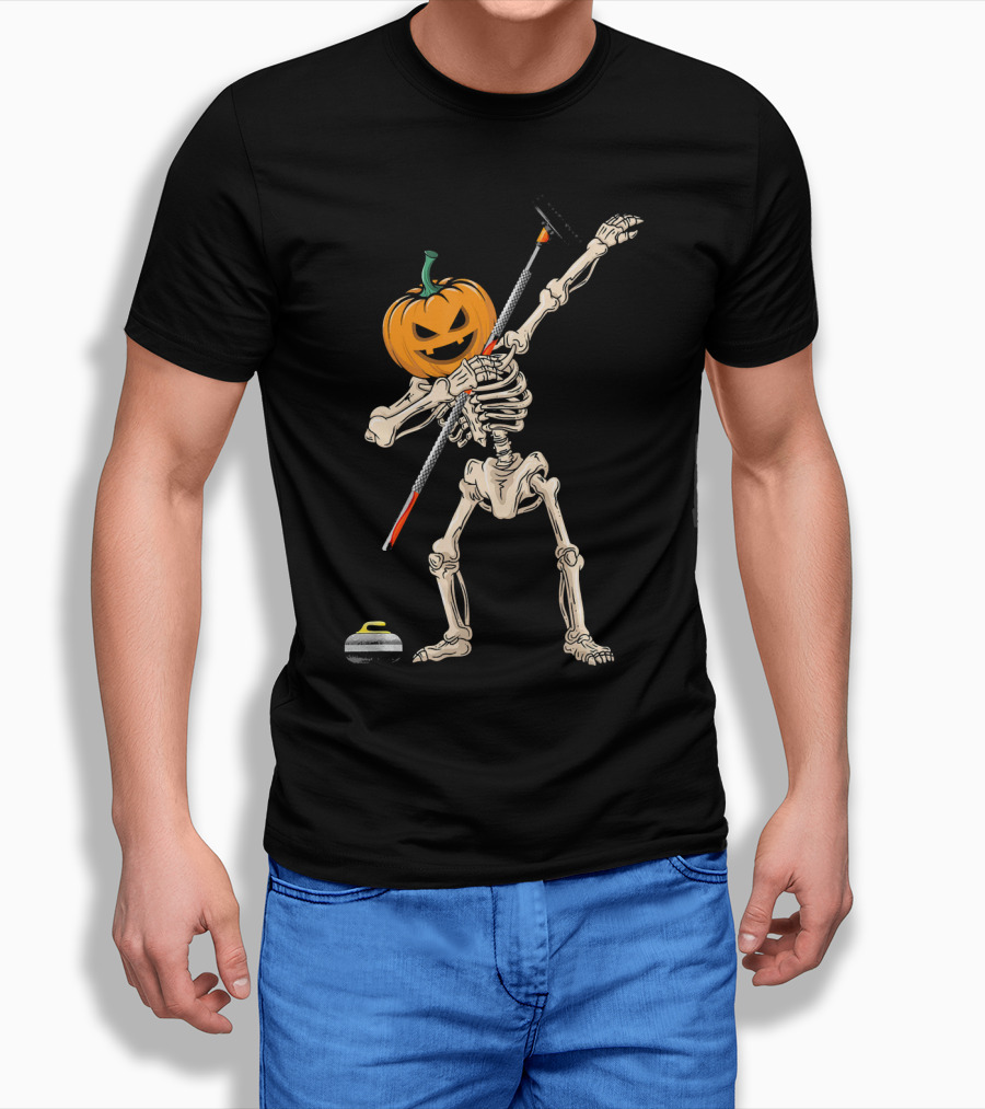 Pumpkin Skeleton Dabbing Curling Halloween T-Shirt