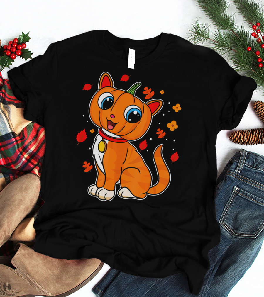 Halloween Pumpkin Cat With Autumn Leaves And Flowers T-Shirt