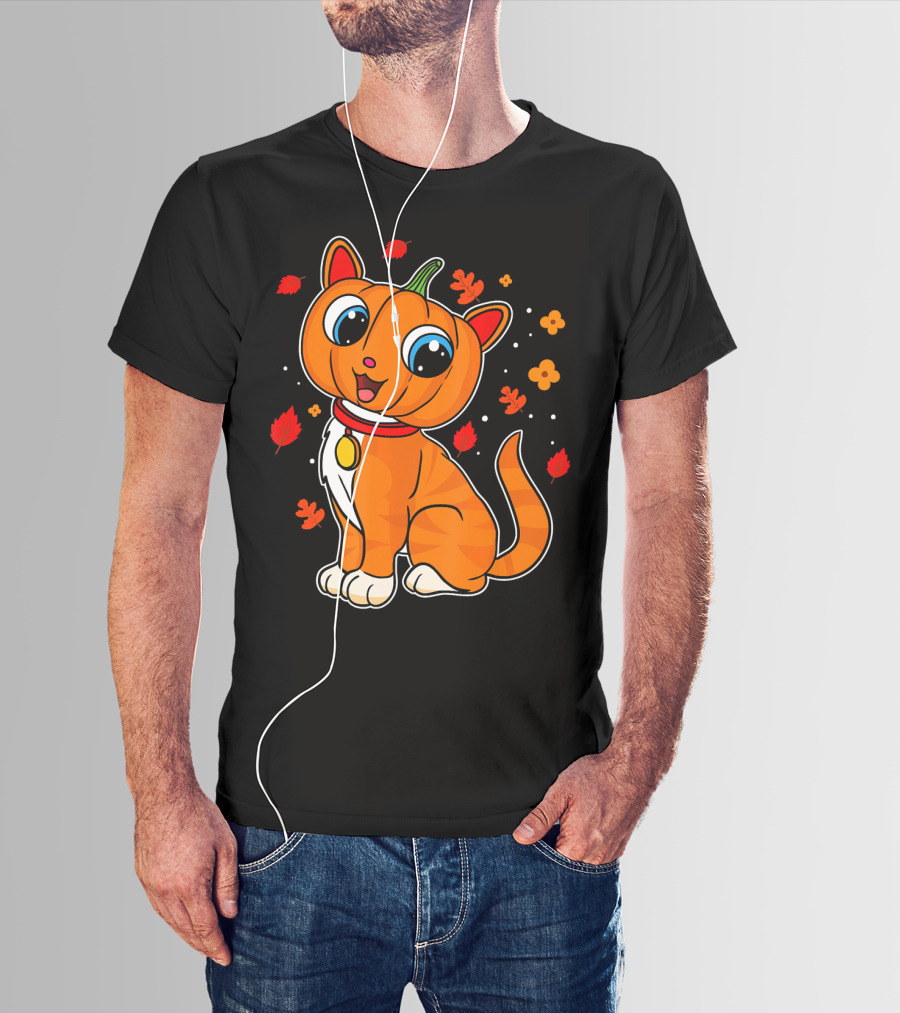 Halloween Pumpkin Cat With Autumn Leaves And Flowers T-Shirt