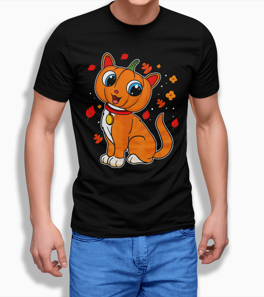 Halloween Pumpkin Cat With Autumn Leaves And Flowers T-Shirt