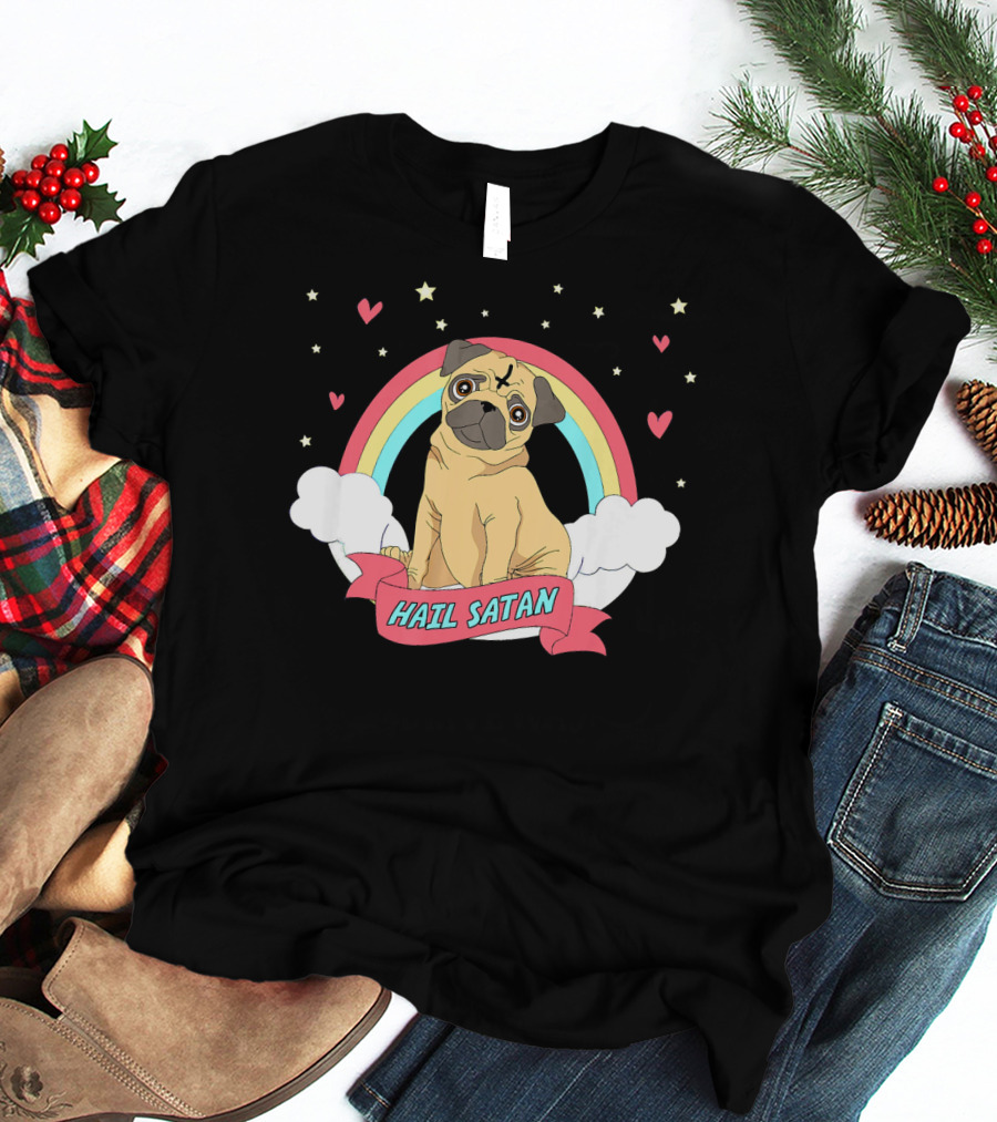 Hail Satan Pug Cute Halloween Rainbow Hearts Stars Clouds T-Shirt
