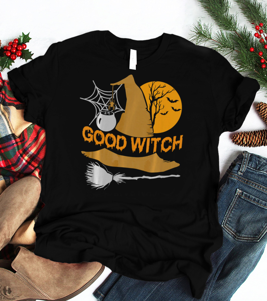 Good Witch Halloween Hat Broomstick Cauldron Bats Moon T-Shirt