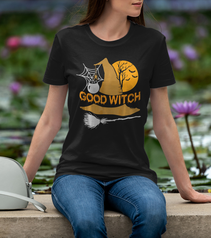 Good Witch Halloween Hat Broomstick Cauldron Bats Moon T-Shirt