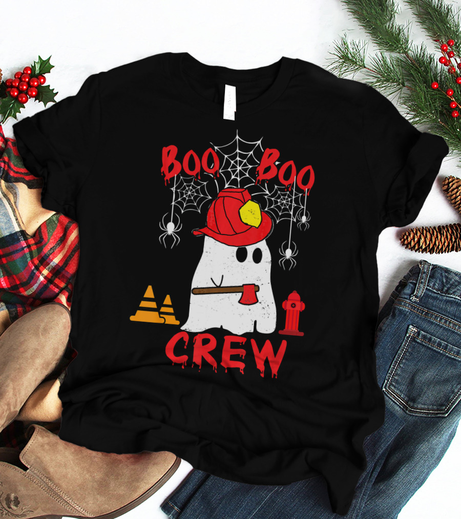 Boo Boo Crew Firefighter Halloween Ghost Spiderwebs And Axe T-Shirt