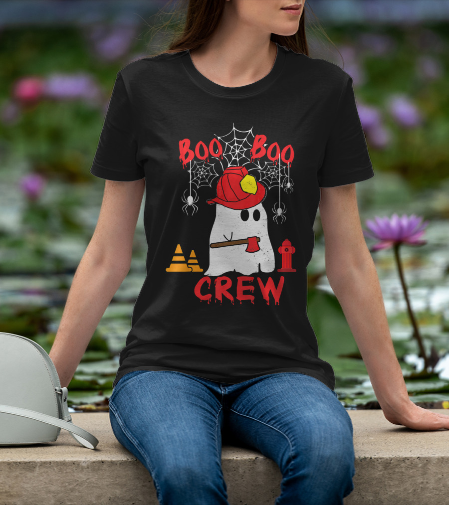 Boo Boo Crew Firefighter Halloween Ghost Spiderwebs And Axe T-Shirt
