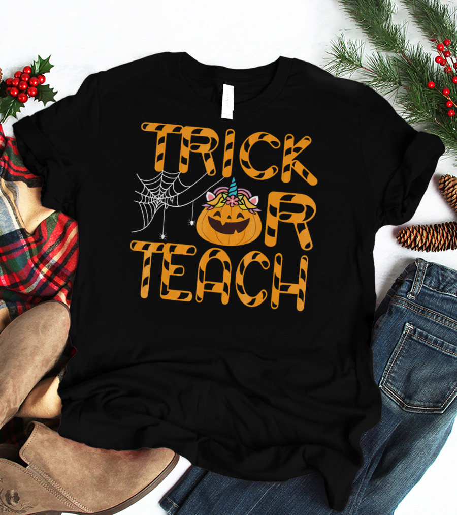 Trick Or Teach Funny Pumpkin Unicorn With Spider Web T-Shirt