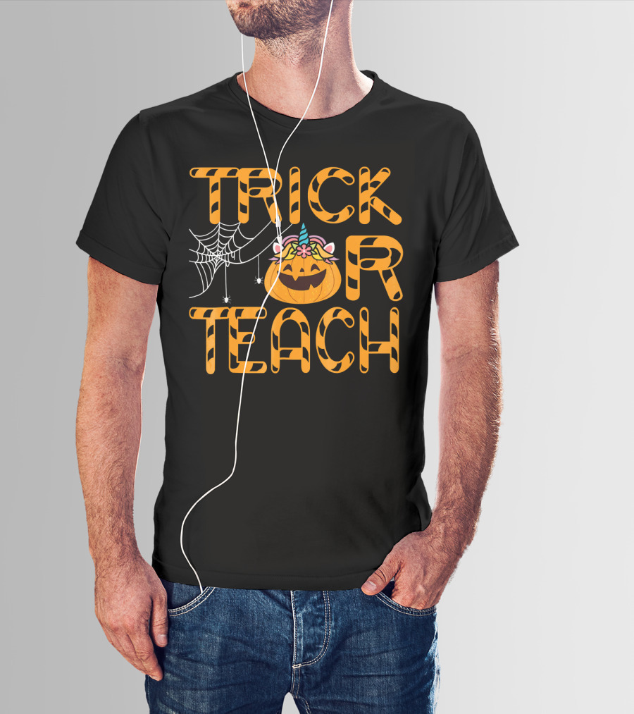 Trick Or Teach Funny Pumpkin Unicorn With Spider Web T-Shirt