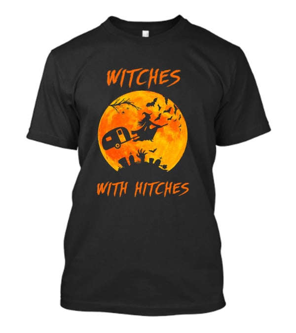 Witches With Hitches Halloween Moon Bats Graveyard Scene T-Shirt