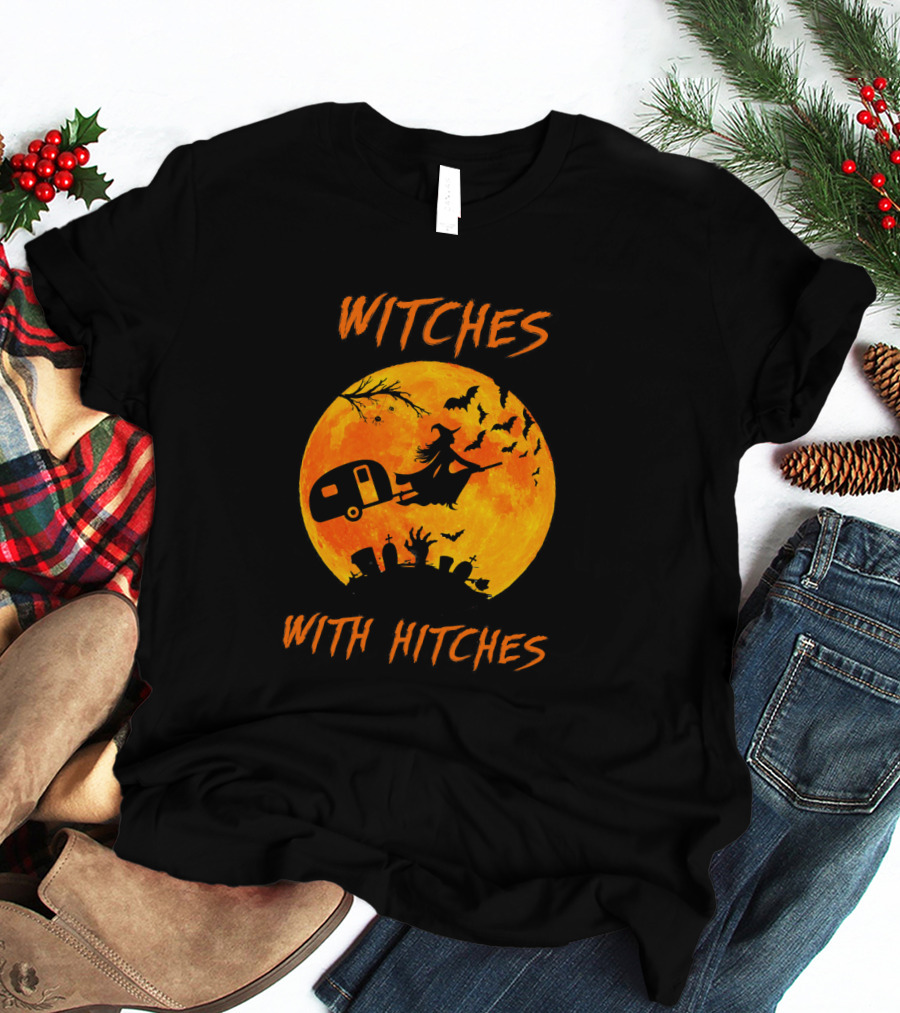 Witches With Hitches Halloween Moon Bats Graveyard Scene T-Shirt