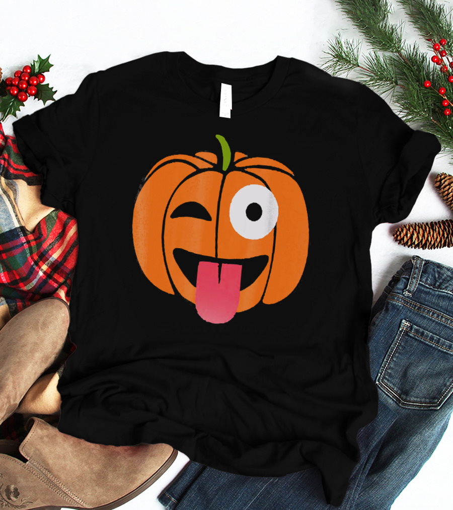 Winking Tongue Out Smiling Pumpkin Face T-Shirt