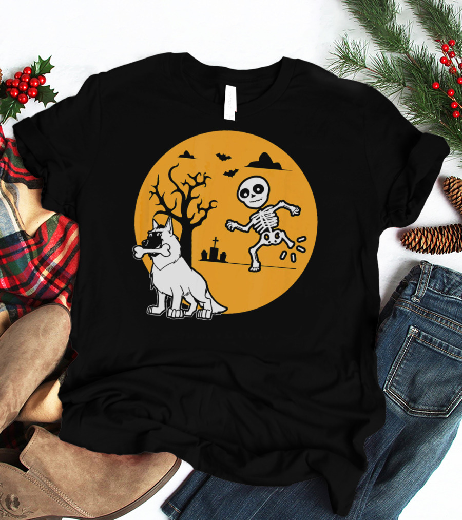 Belgian Malinois Skeleton Bone Halloween Moon Graveyard Scene T-Shirt