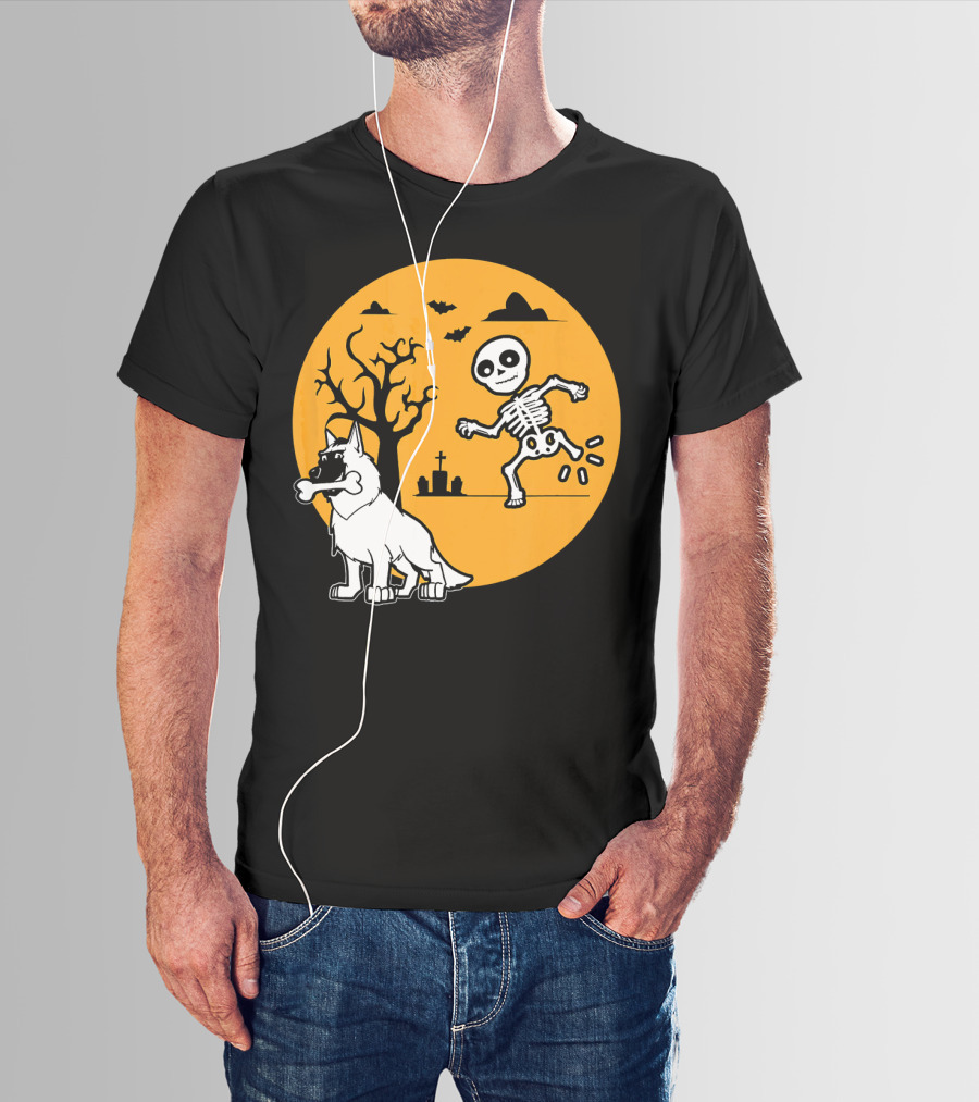 Belgian Malinois Skeleton Bone Halloween Moon Graveyard Scene T-Shirt