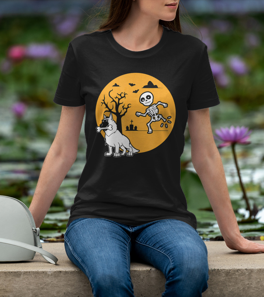 Belgian Malinois Skeleton Bone Halloween Moon Graveyard Scene T-Shirt
