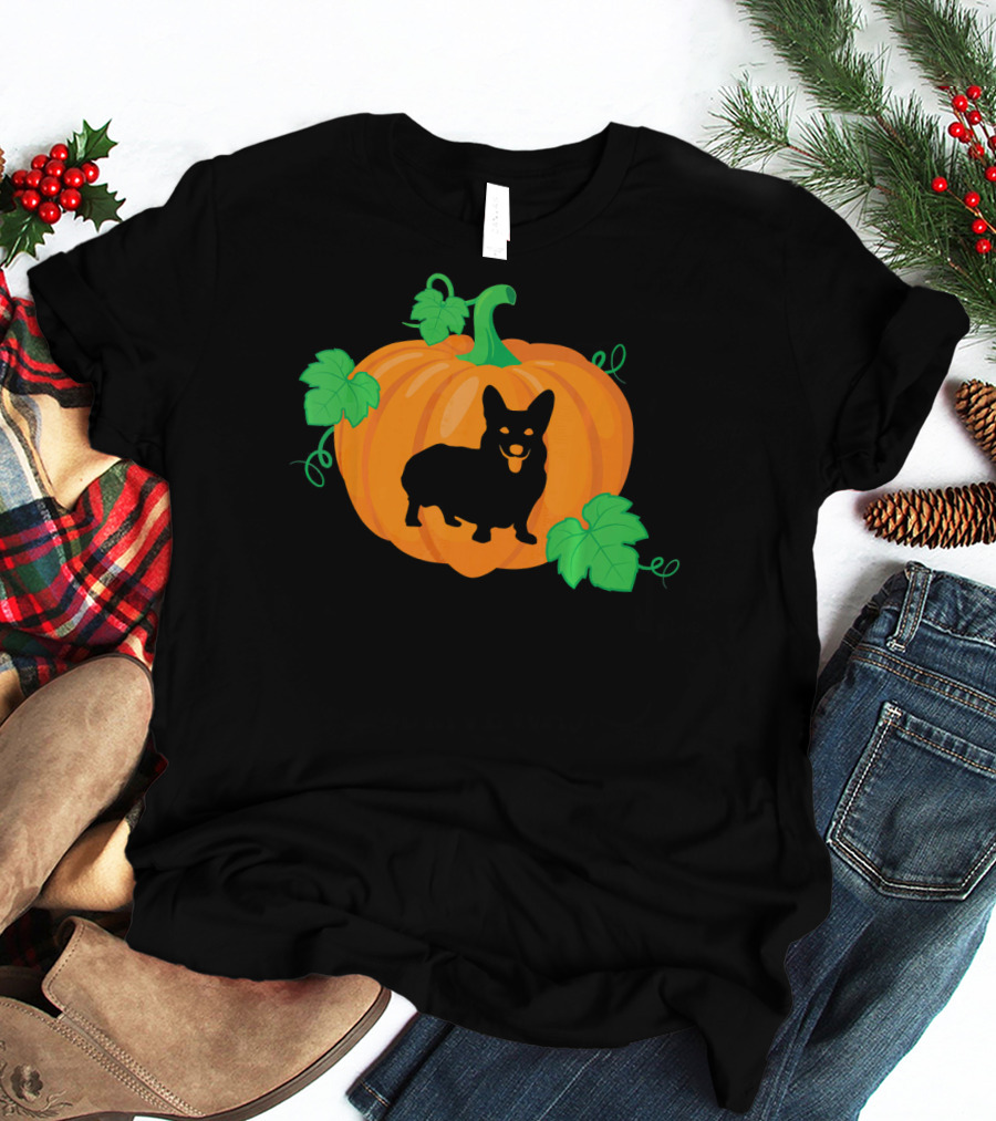 Corgi Dog Pumpkin Halloween Silhouette With Leaves T-Shirt
