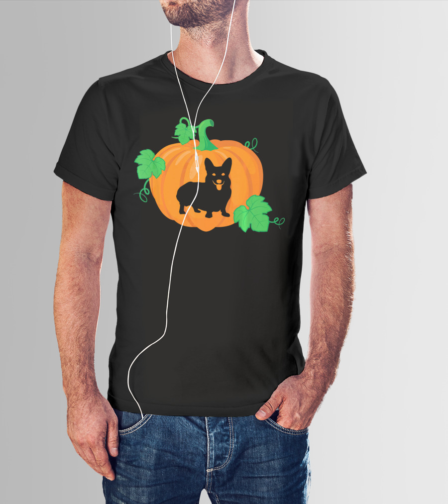 Corgi Dog Pumpkin Halloween Silhouette With Leaves T-Shirt