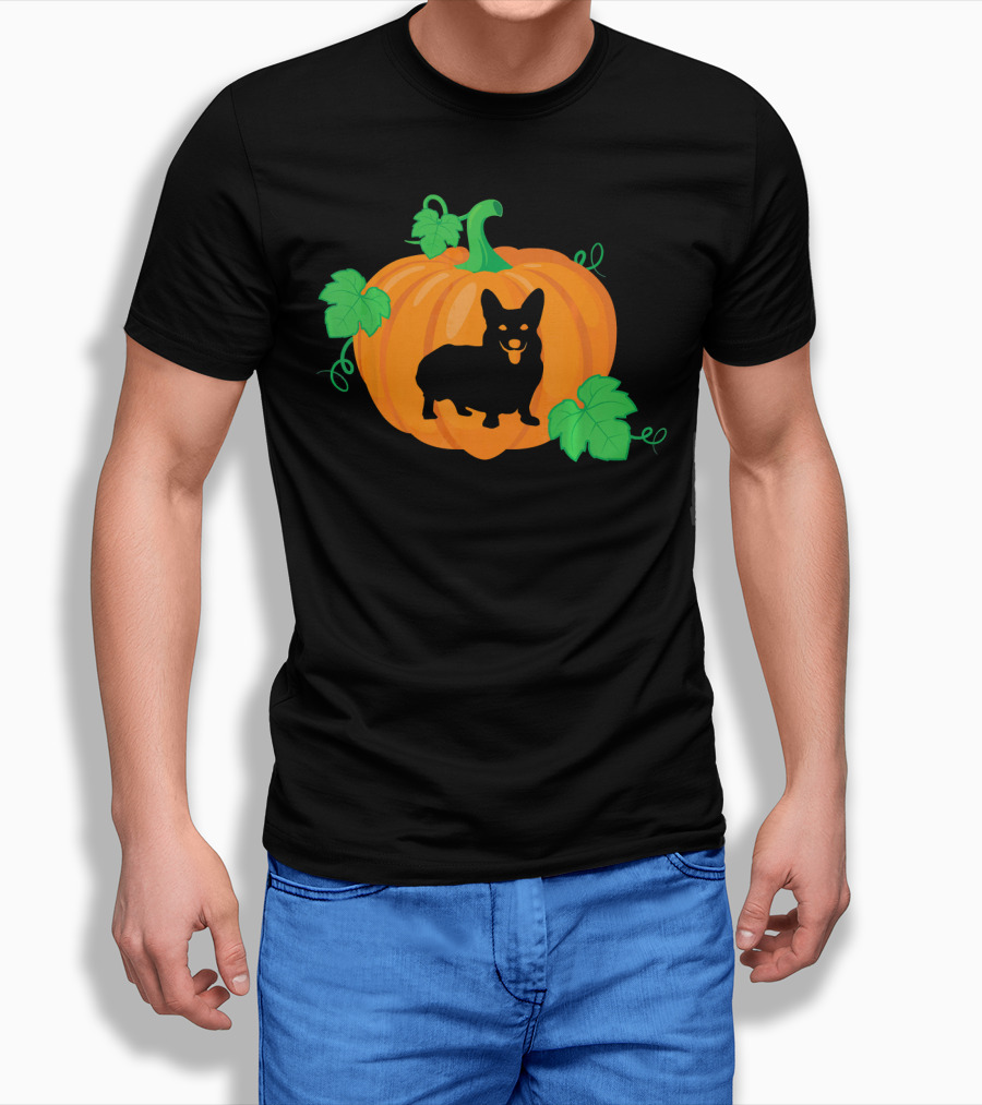 Corgi Dog Pumpkin Halloween Silhouette With Leaves T-Shirt