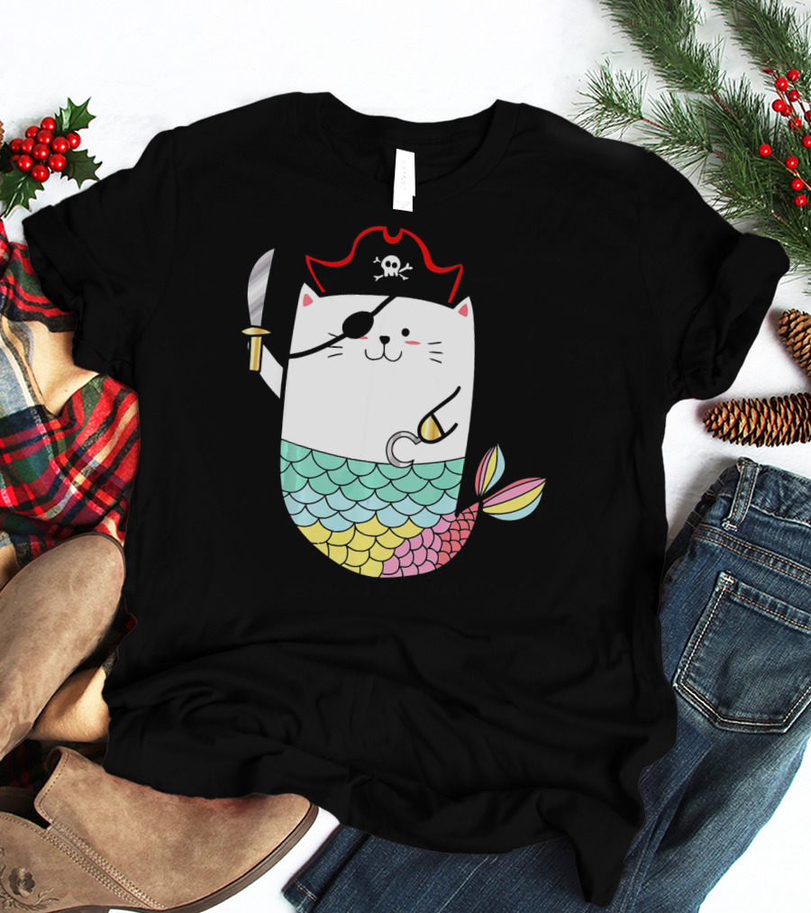 Halloween Mermaid Pirate Cat With Eye Patch And Sword T-Shirt
