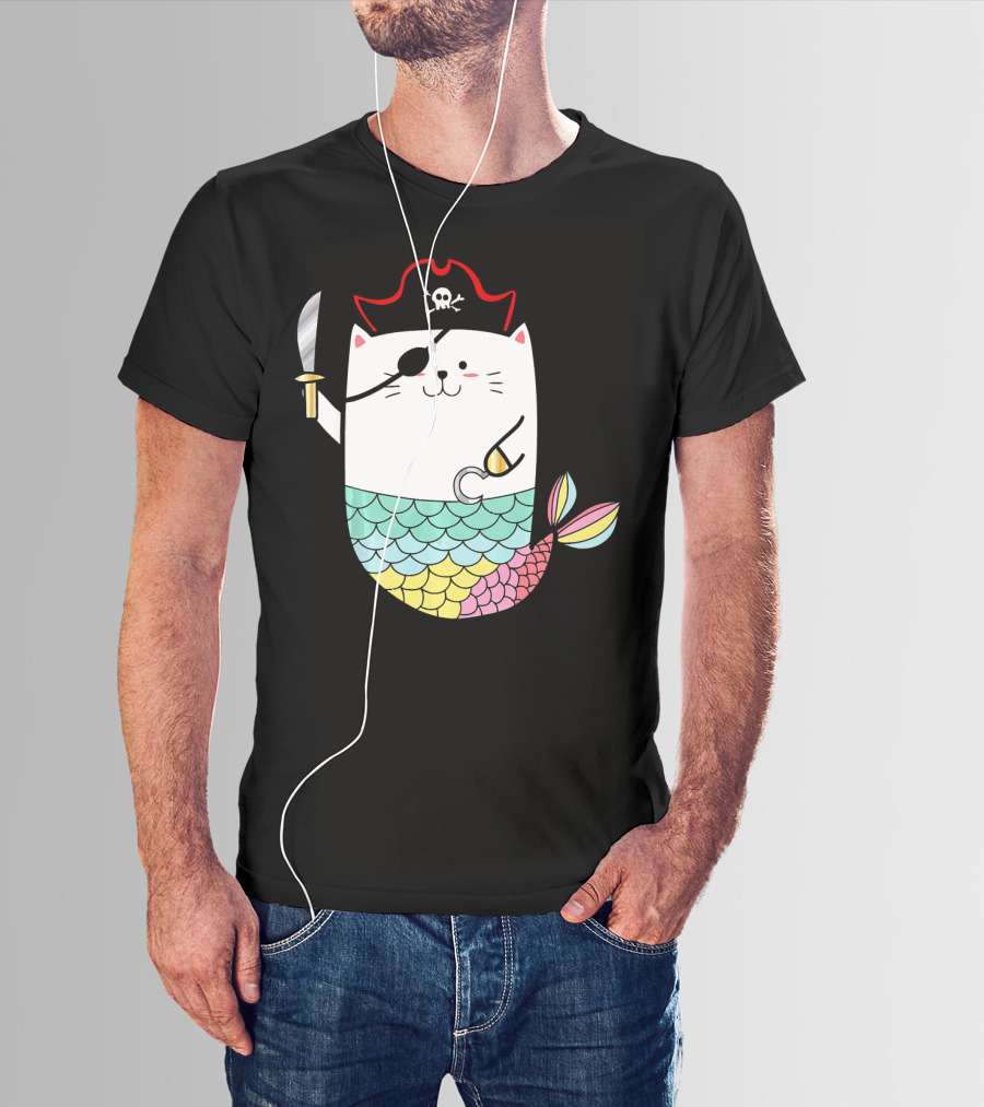 Halloween Mermaid Pirate Cat With Eye Patch And Sword T-Shirt