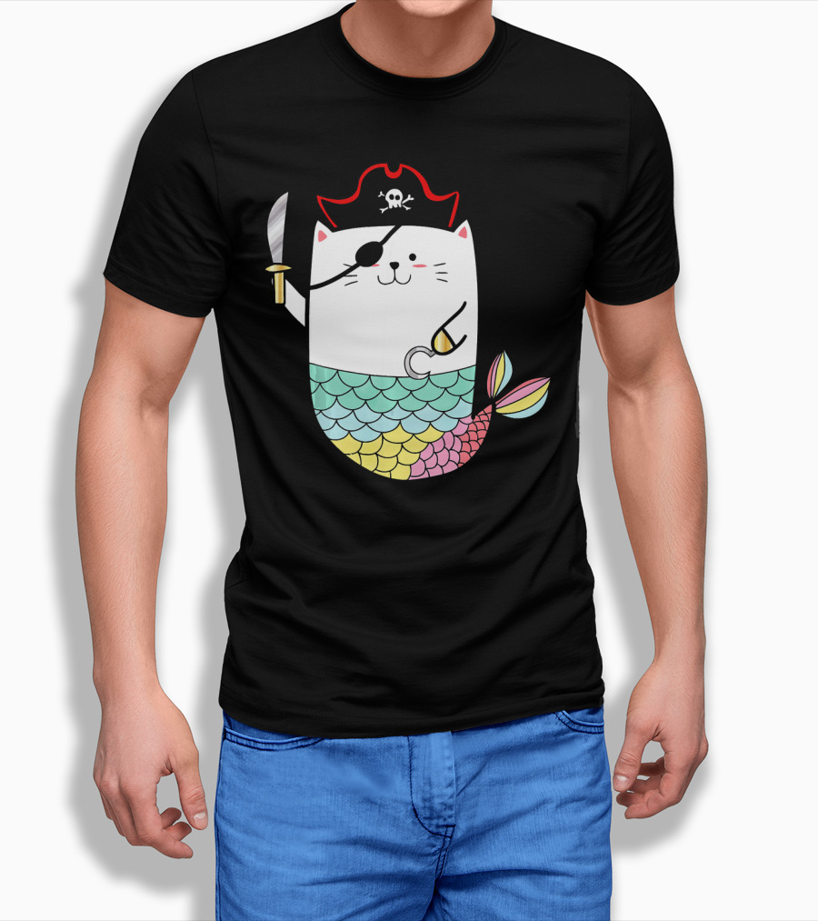 Halloween Mermaid Pirate Cat With Eye Patch And Sword T-Shirt