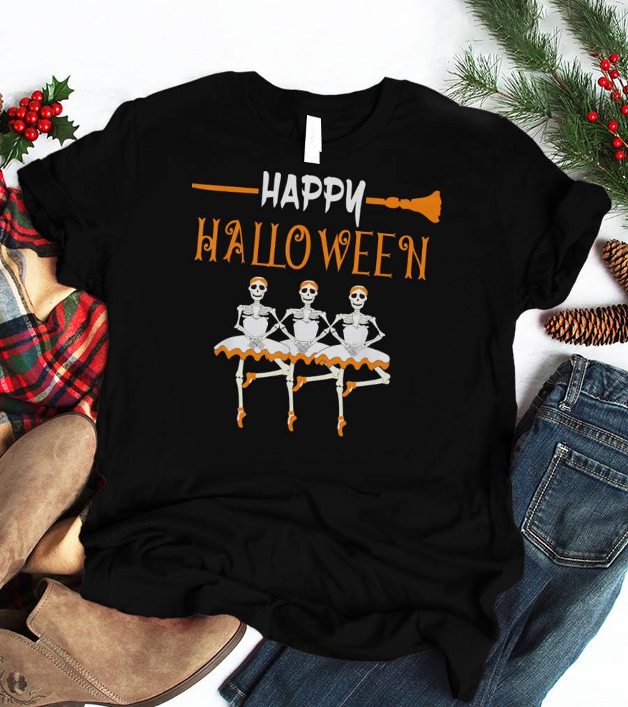 Happy Halloween Skeleton Ballerina Trio With Broomstick T-Shirt