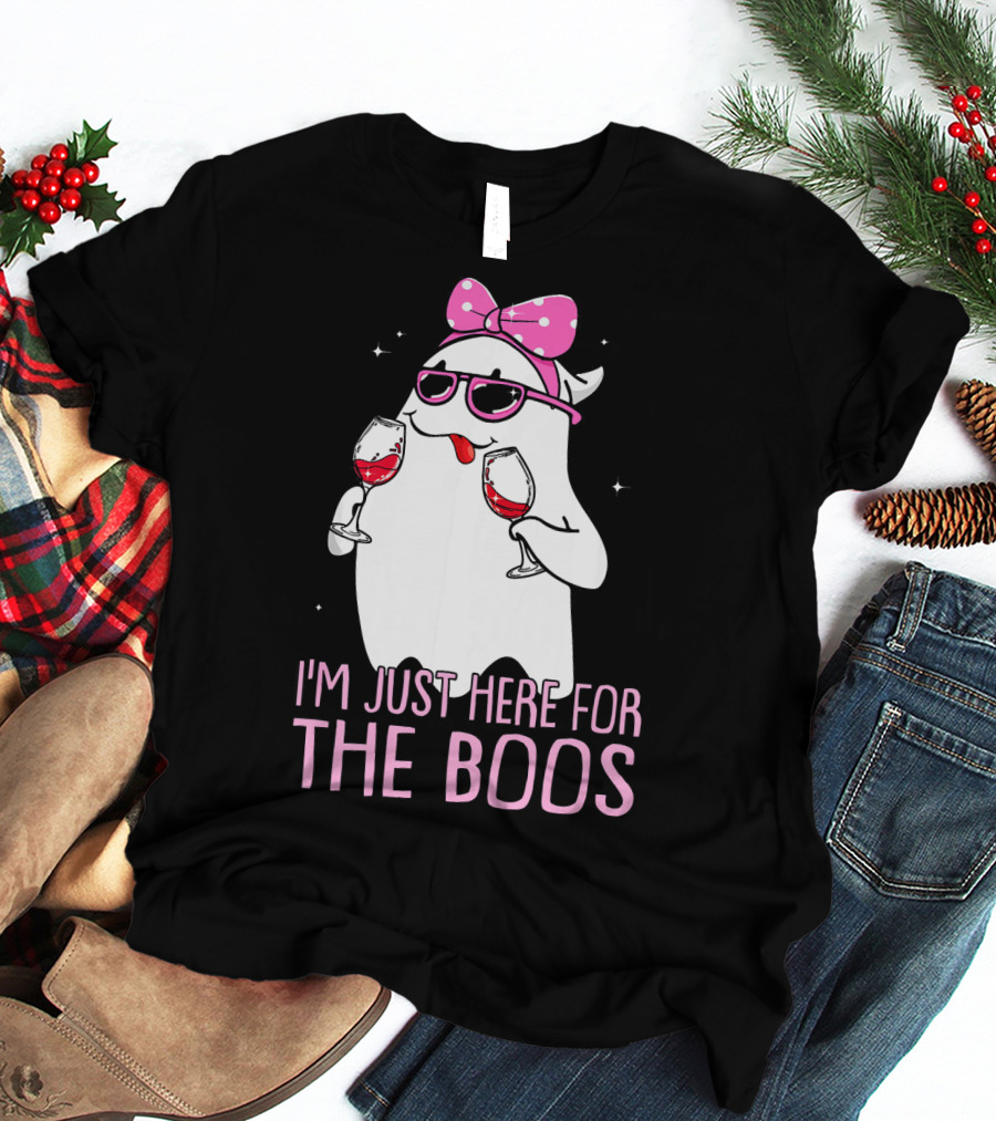 I'm Just Here For The Boos Wine Lover Ghost With Bow And Sunglasses T-Shirt