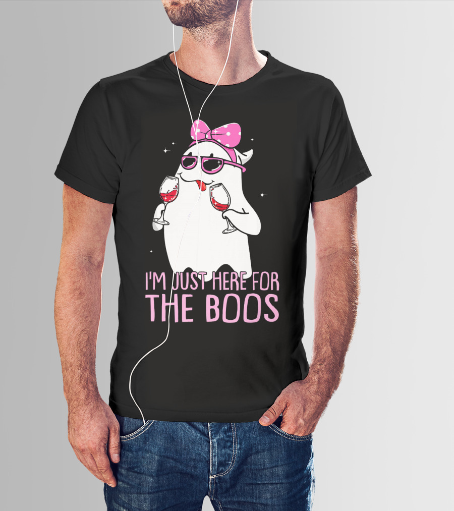 I'm Just Here For The Boos Wine Lover Ghost With Bow And Sunglasses T-Shirt