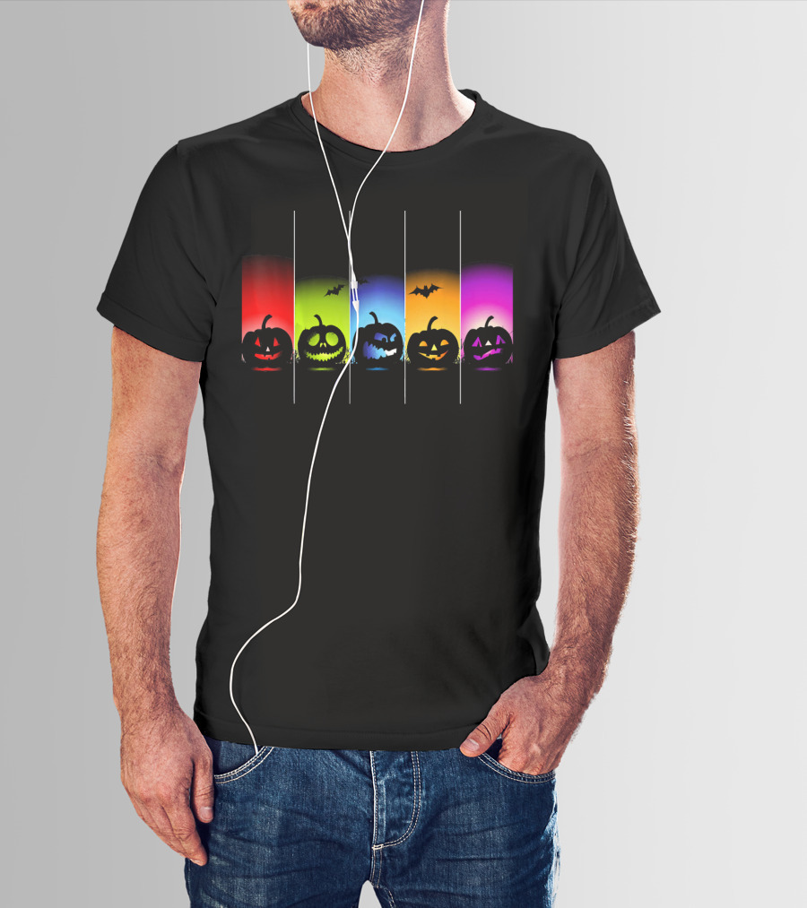 Rainbow Halloween Pumpkins With Colorful Backgrounds And Bats T-Shirt