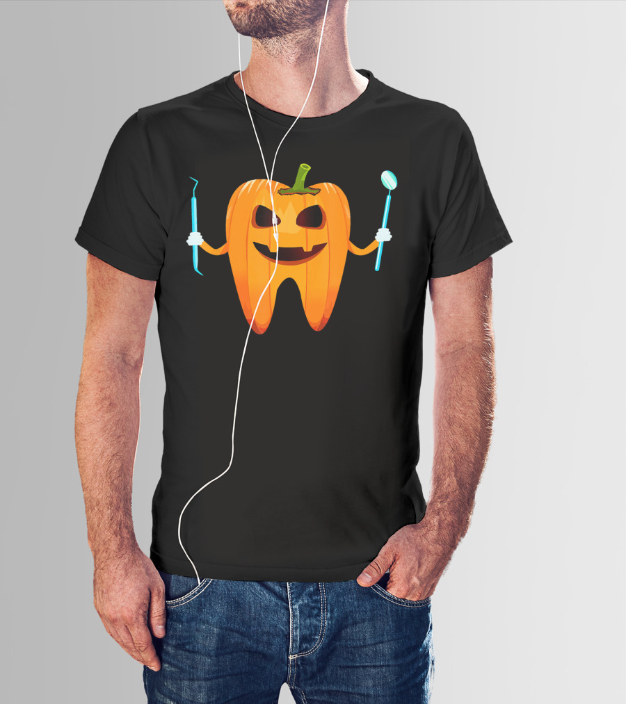 Halloween Tooth Pumpkin Holding Dental Tools T-Shirt
