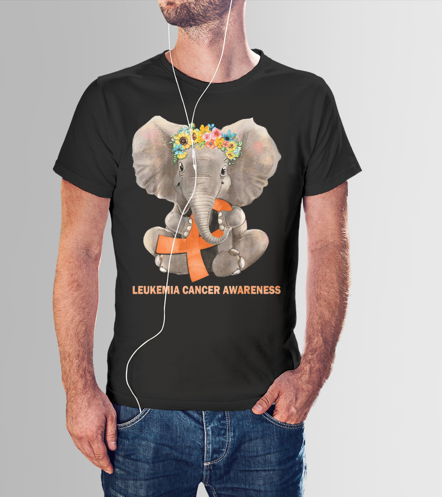 Hippie Elephant With Flower Crown Holding Orange Ribbon Leukemia Cancer Awareness T-Shirt