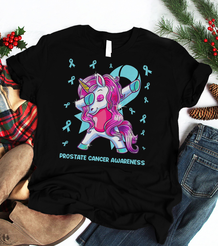 Unicorn Dabbing Prostate Cancer Awareness Ribbons T-Shirt