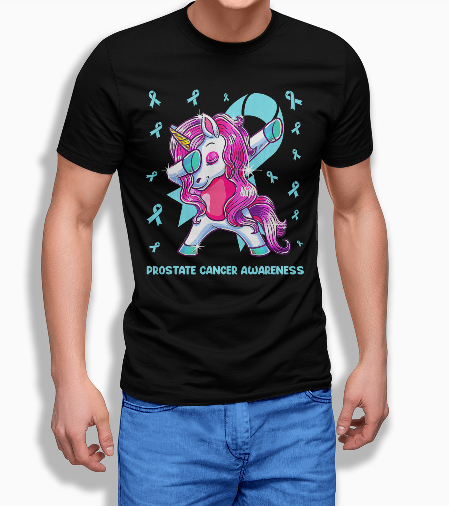 Unicorn Dabbing Prostate Cancer Awareness Ribbons T-Shirt