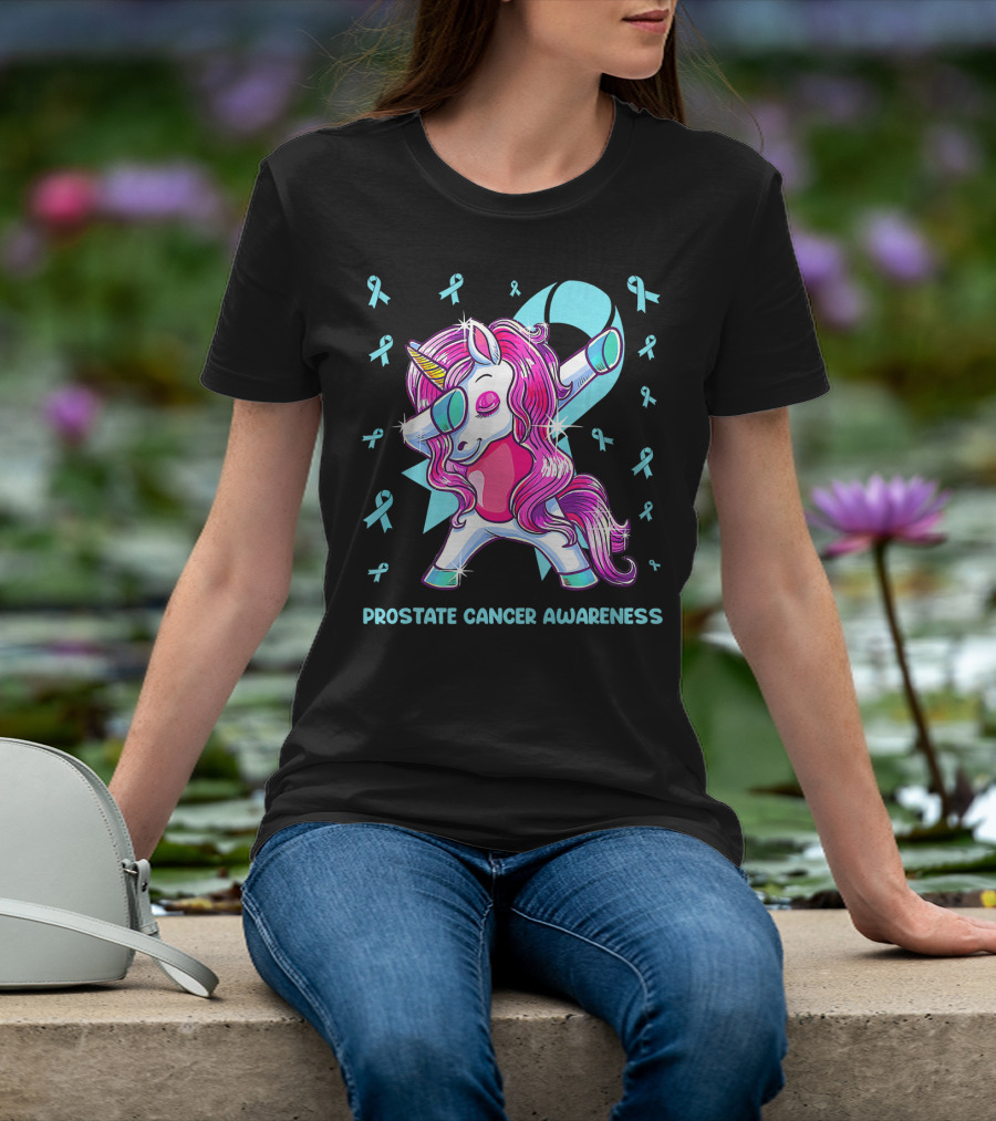 Unicorn Dabbing Prostate Cancer Awareness Ribbons T-Shirt
