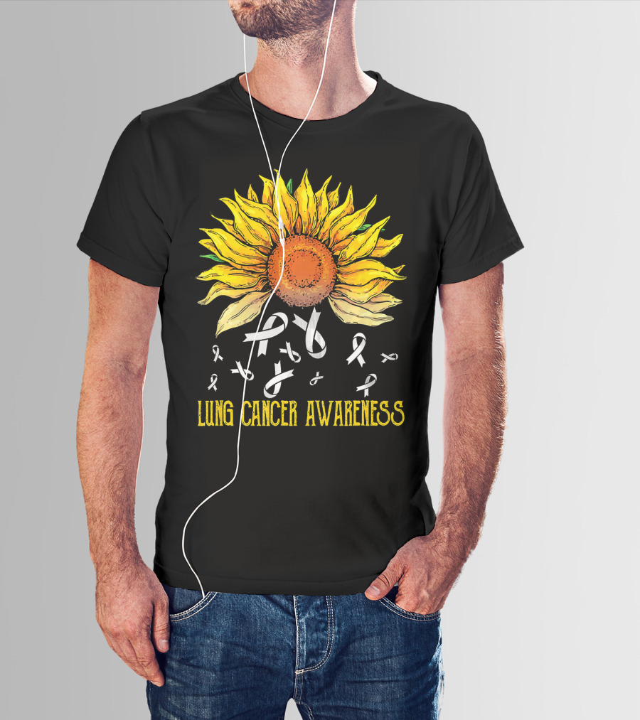 Lung Cancer Awareness Sunflower With White Ribbons T-Shirt