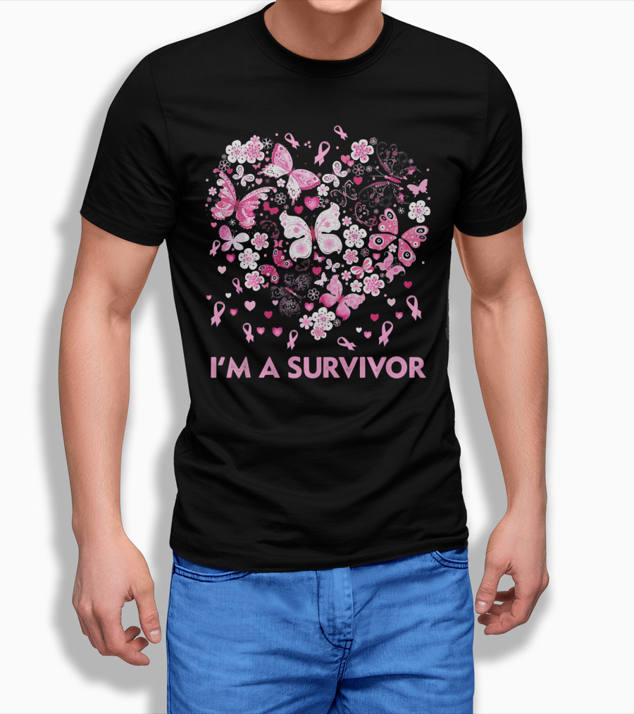 I'm a Survivor Heart Pink Ribbon Butterfly Flowers T-Shirt