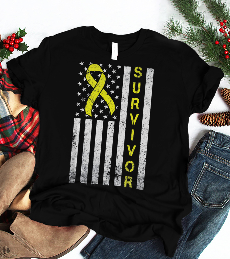 Survivor Yellow Ribbon USA Flag Childhood Cancer Awareness T-Shirt