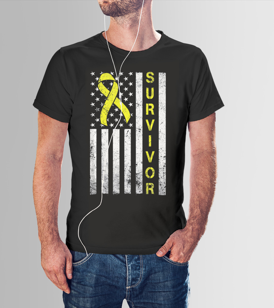 Survivor Yellow Ribbon USA Flag Childhood Cancer Awareness T-Shirt