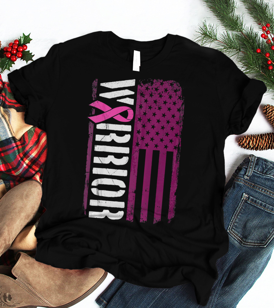WARRIOR Breast Cancer Awareness Pink Ribbon American Flag T-Shirt