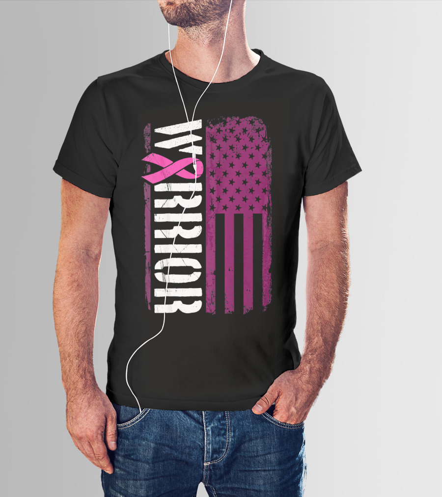WARRIOR Breast Cancer Awareness Pink Ribbon American Flag T-Shirt