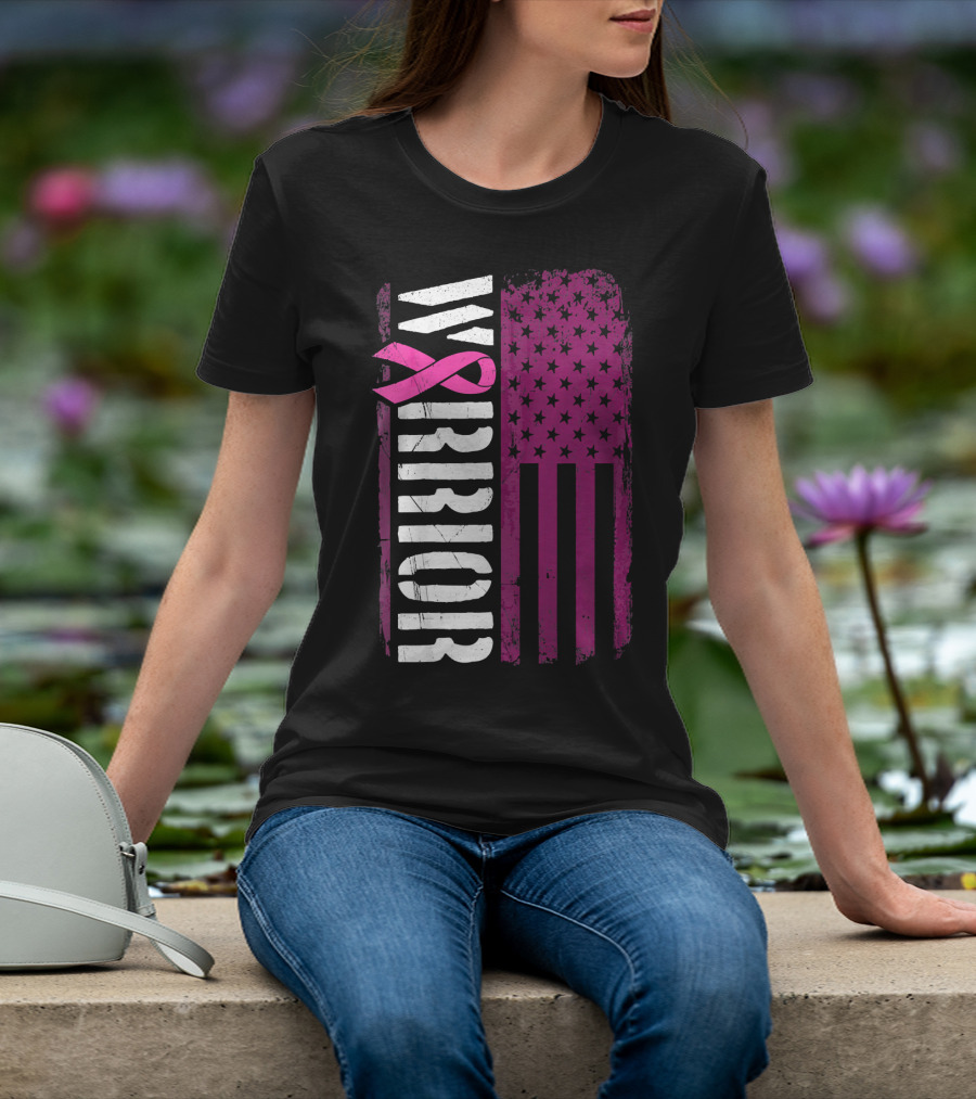 WARRIOR Breast Cancer Awareness Pink Ribbon American Flag T-Shirt