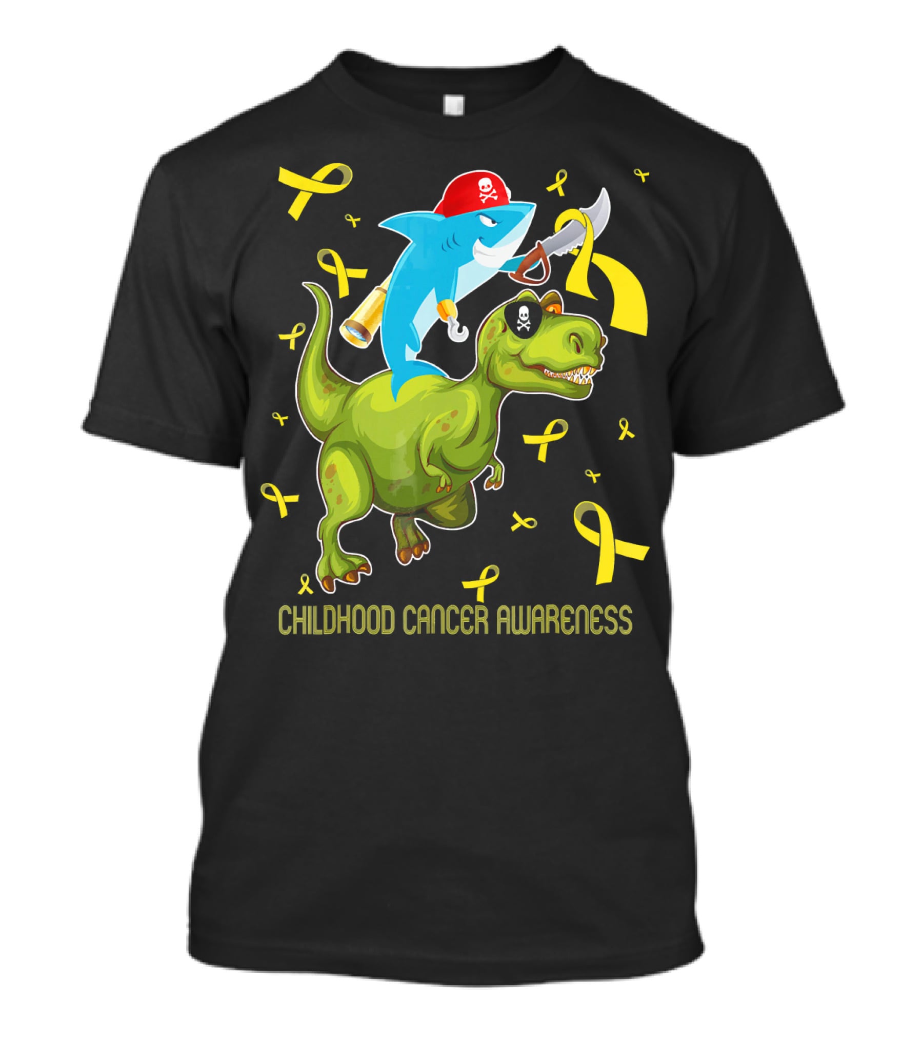Childhood Cancer Awareness Shark And Dinosaur With Yellow Ribbons T-Shirt
